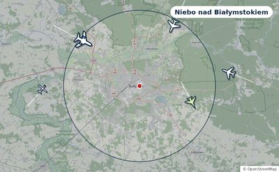 Mapa okolic miasta z sylwetkami samolotów — Niebo nad Białymstokiem